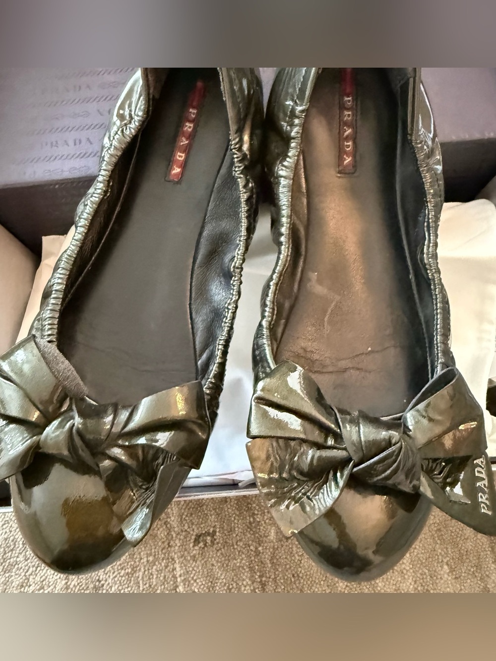 Prada Olive Patent Leather Bow Ballet Flats